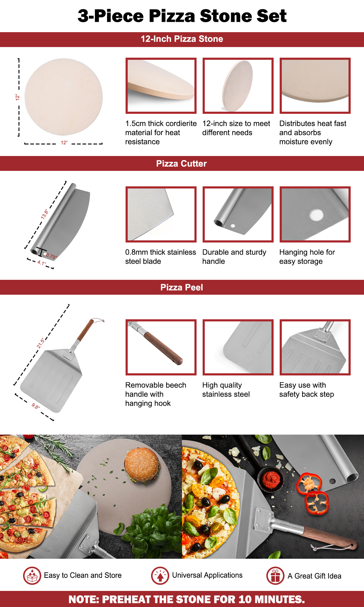 Royal Gourmet Cordierite Non-Stick Pizza Stone Kit Stainless Steel | KSF1406